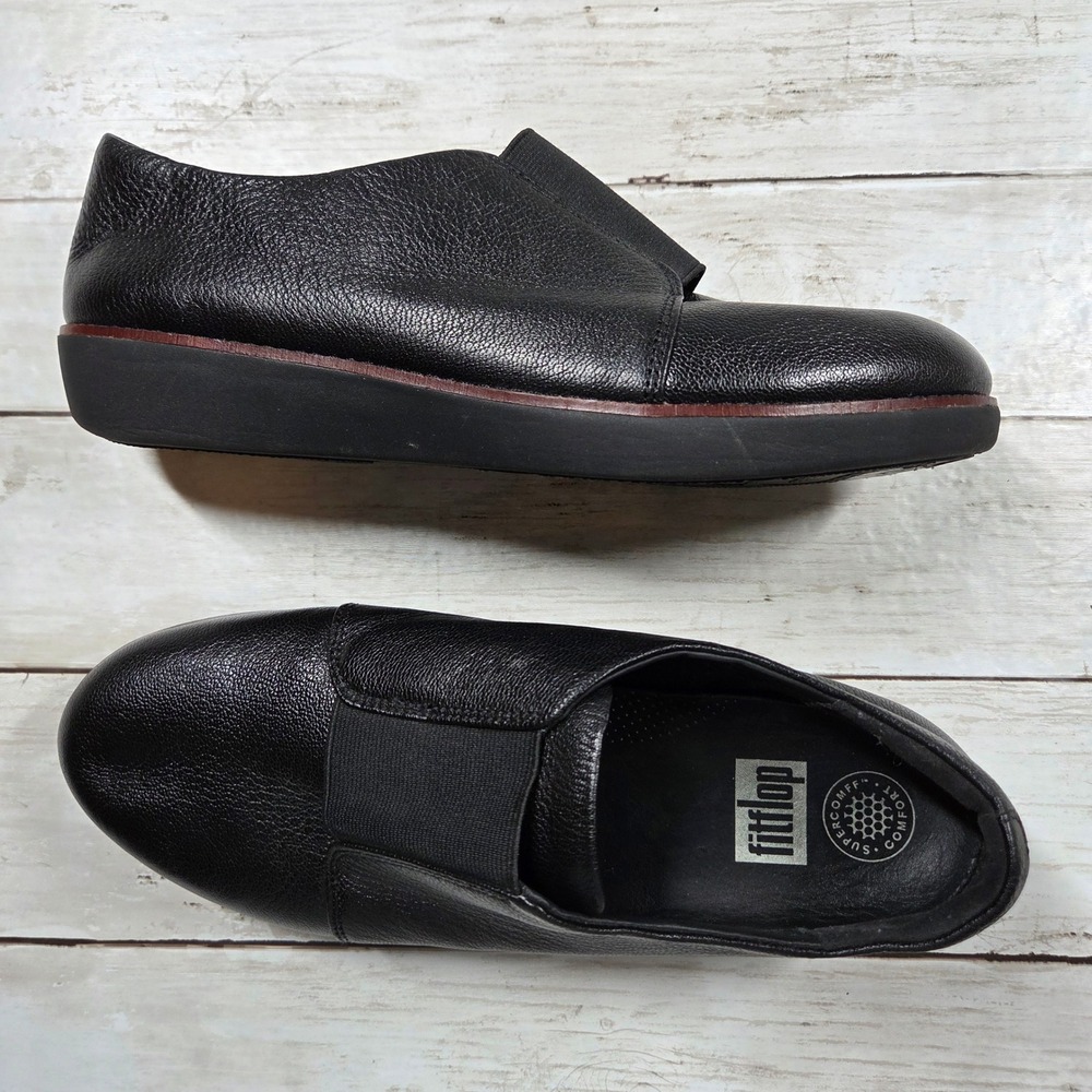 FitFlop Supercomff Leather Loafers Slip On Women 10 Black N76-001 Pebbled Shoes